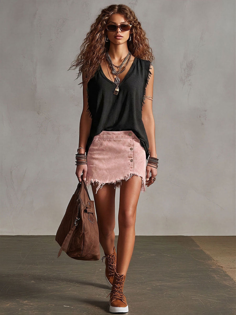 Western Retro Frayed Camel Denim Mini Skirt And Shorts