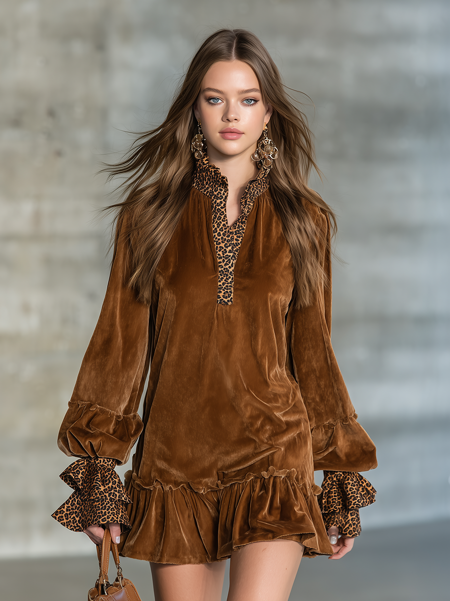 Stylish Retro Leopard Print And Velvet Patchwork Mini Dress