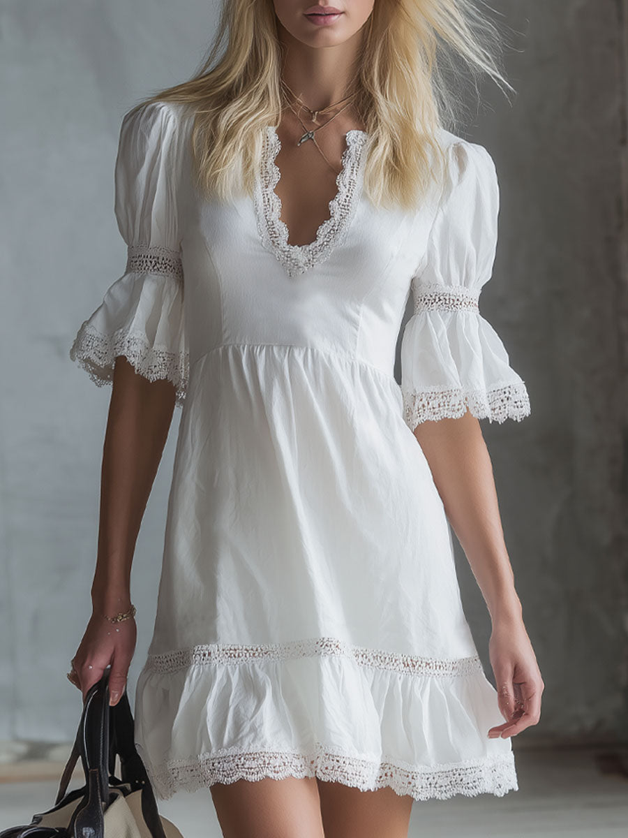 V-neck Lace-trimmed Short-sleeved Cotton Mini Dress
