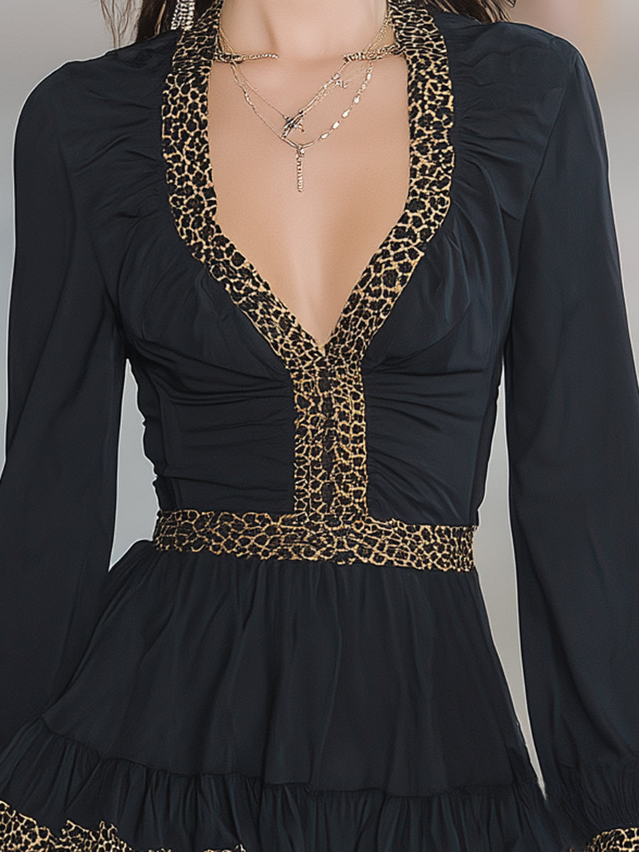 Elegant Black V-neck With Leopard Print Paneling Mini Dress