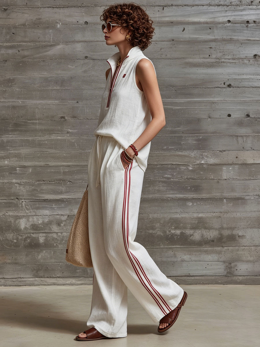 Casual Retro Embroidered White Cotton And Linen Sleeveless Half-zip Top And Pants Set