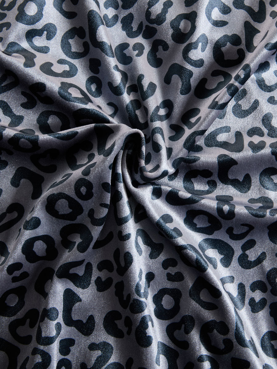 Sporty Retro Striped Mesh Sleeve Gray Leopard Print Velvet Sweatshirt And Pants Set