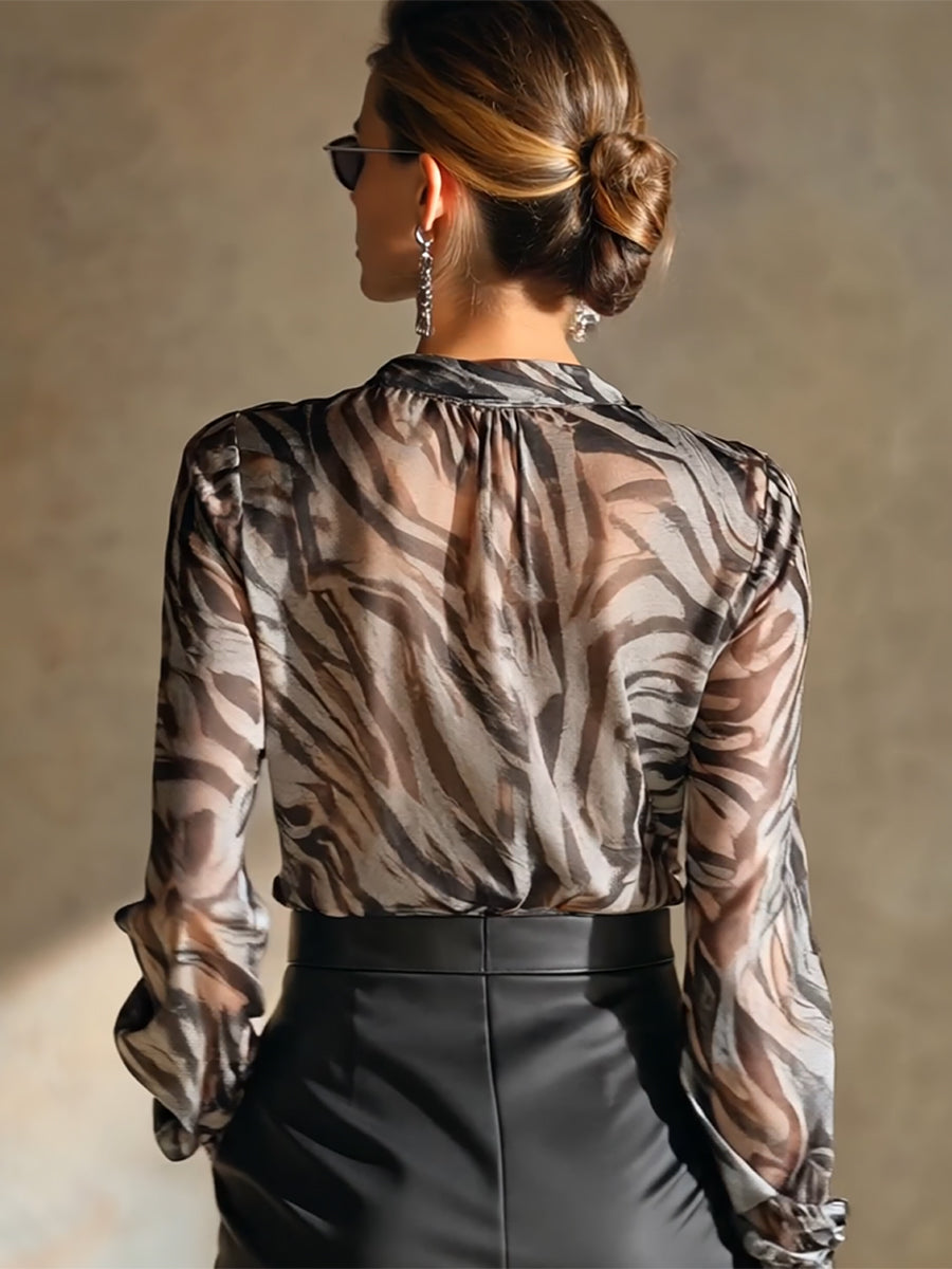 Stylish Flowing Zebra Print Chiffon Long Sleeve Shirt