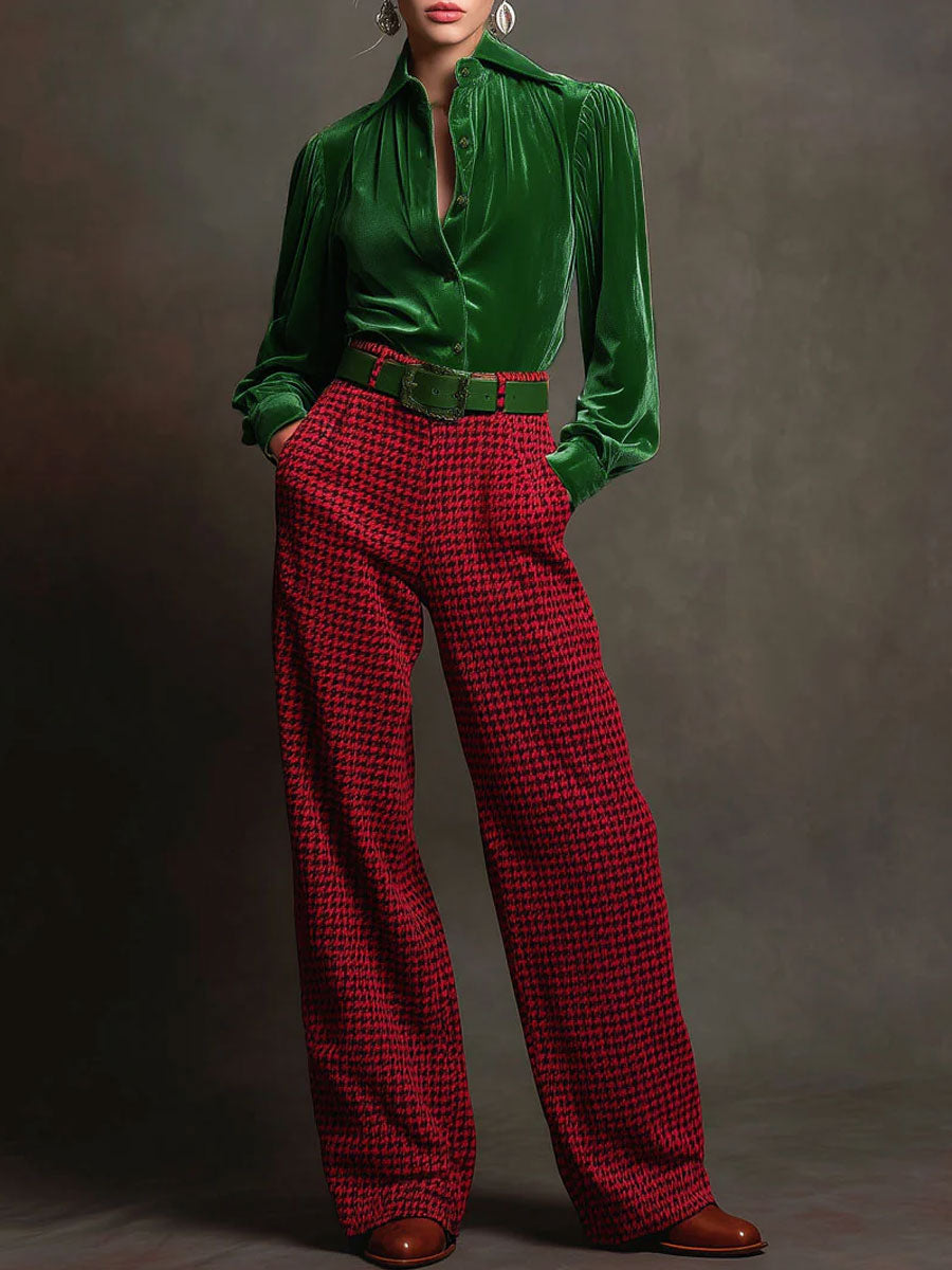 Retro Green Velvet Pleated Long-sleeved Shirt And Houndstooth Wide-leg Pants Set