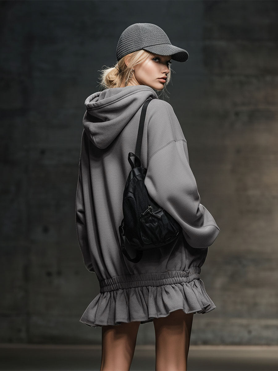 Casual And Fashionable Hooded Elastic Hem Gray Sweatshirt Mini Dress