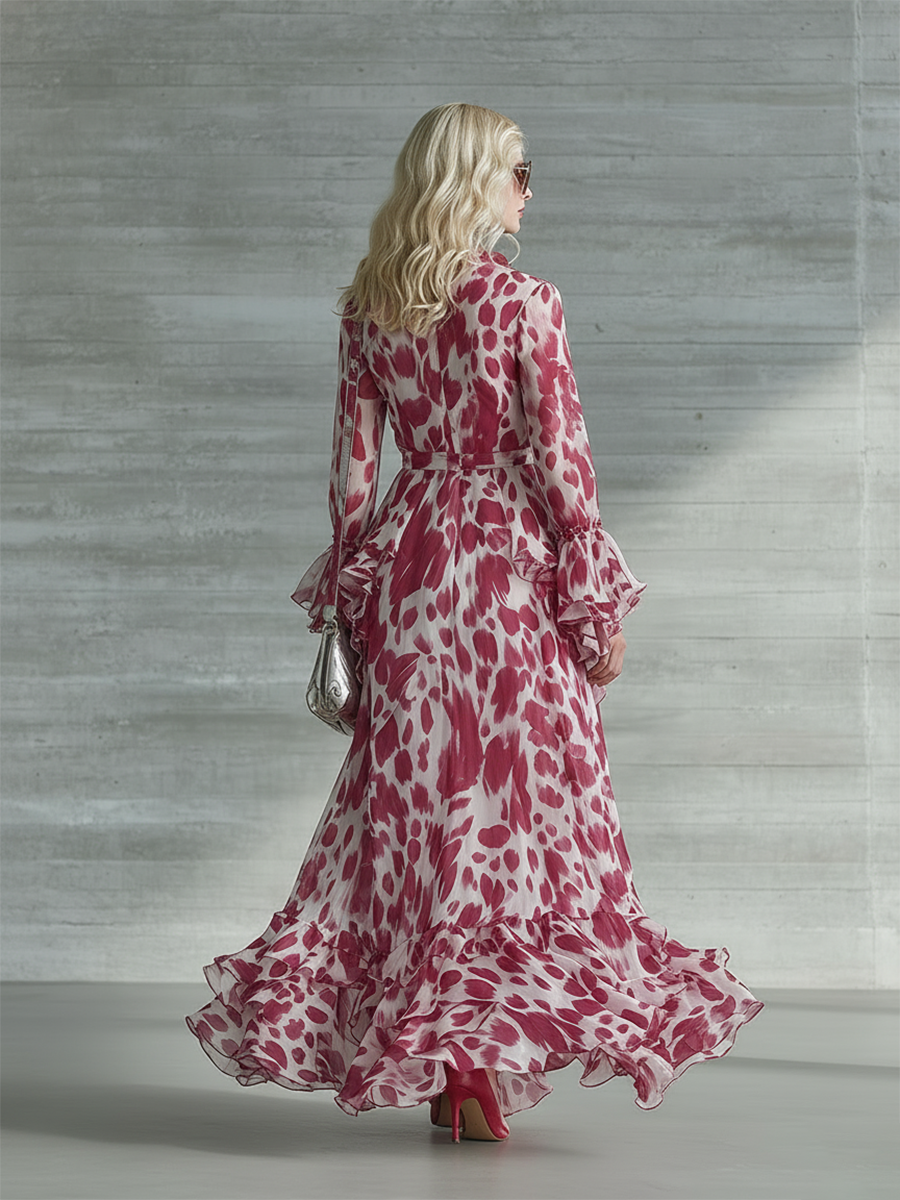 Romantic Bohemian Print Ruffle V-neck Maxi Dress