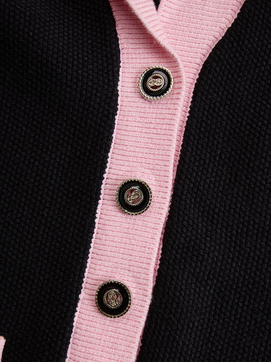 【24-hour shipping out】Black Contrast Pink Knitted Jacket And Skirt Set