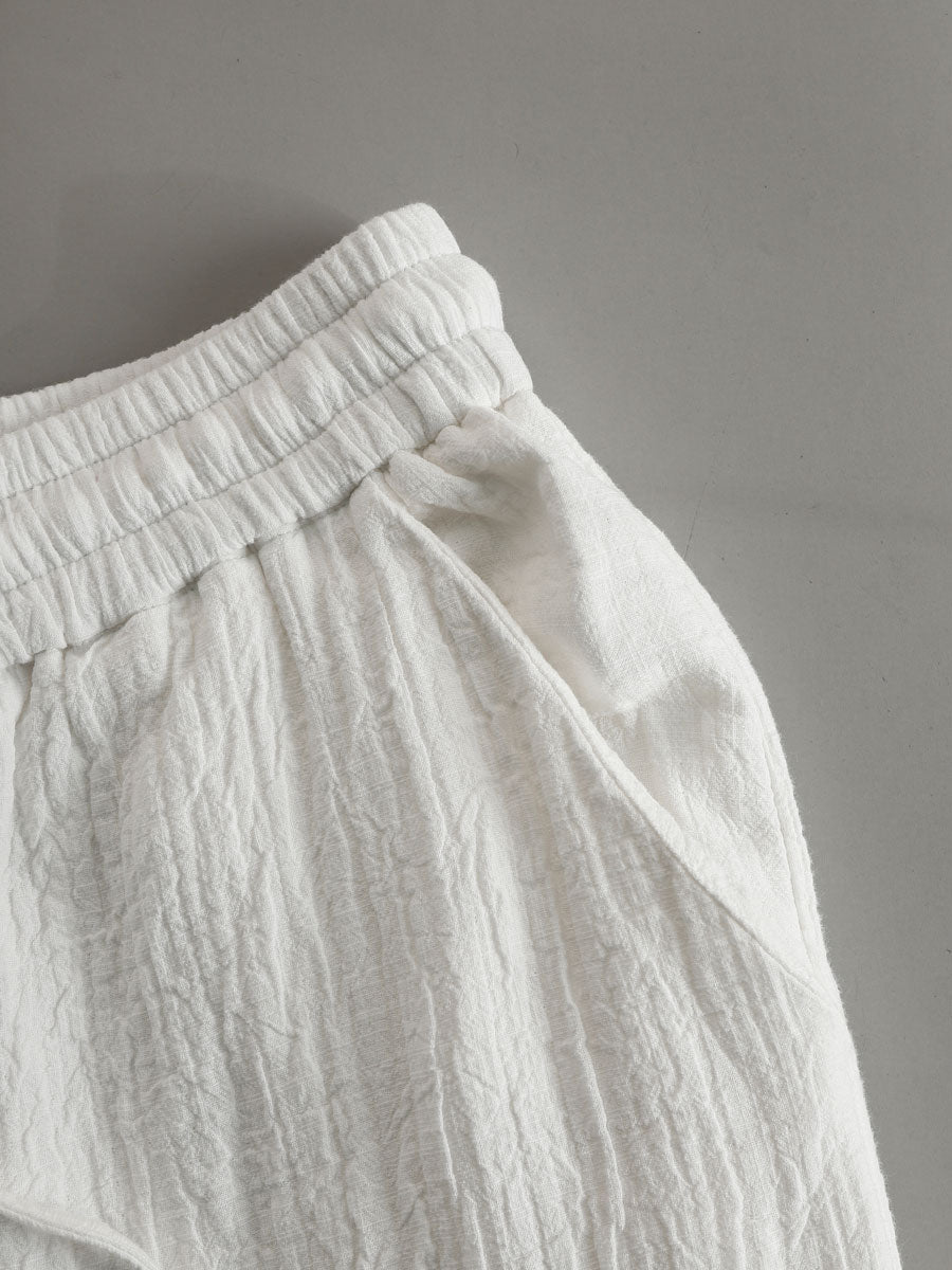 Vacation Retro White Cotton Linen Short-Sleeve Hooded Top And Balloon Pants Set