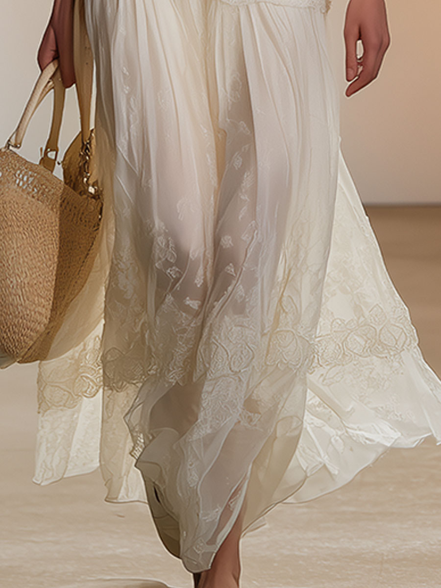 Stylish And Elegant White Square-neck Chiffon Maxi Dress