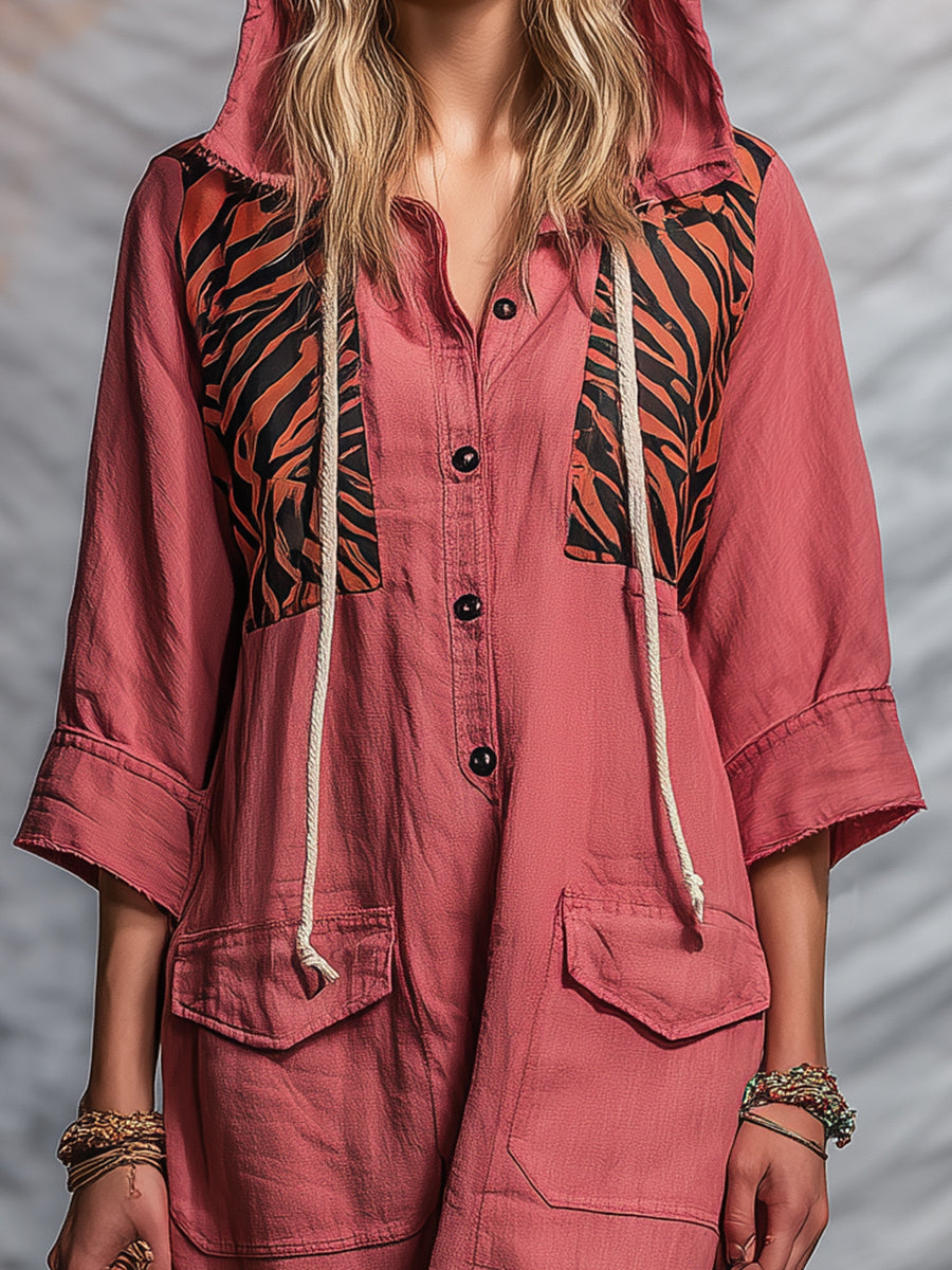 Western-style Pink Linen Button-down Hooded With Partial Zebra Print Midi Dress