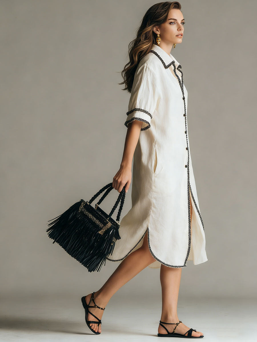 Casual Retro Lace-trimmed White Cotton And Linen Short-sleeved Shirt Dress