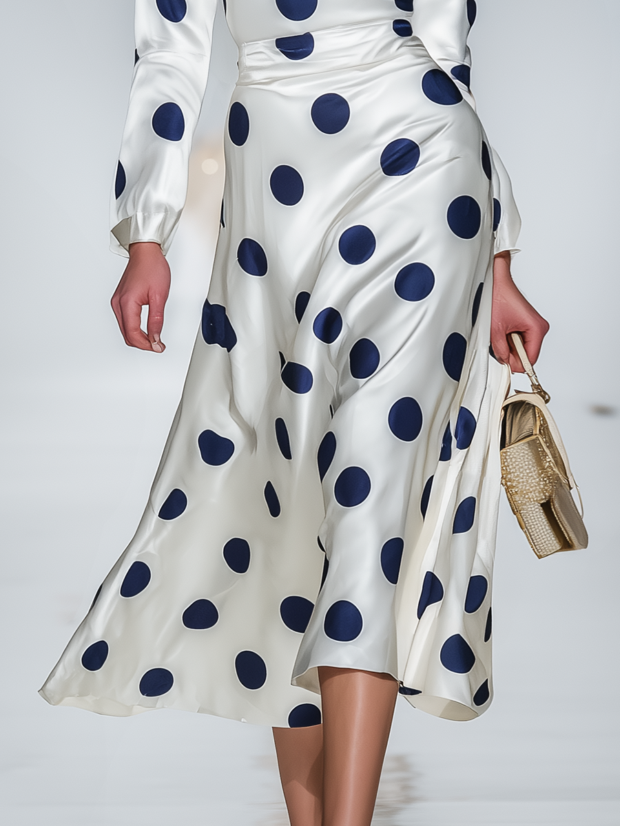 Retro Elegant Polka Dot Satin Midi Dress