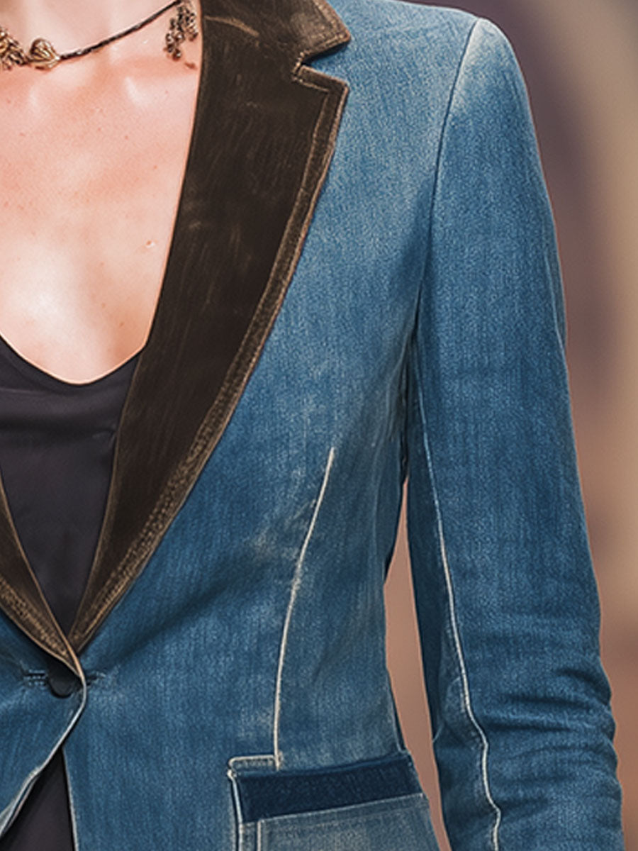 Stylish Retro Brown Collar Blue Denim Blazer