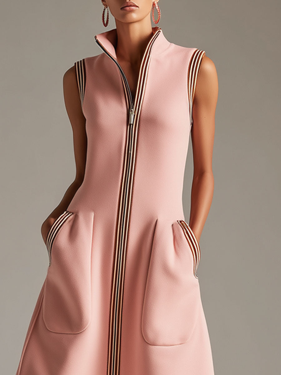 Sporty Retro Striped Ribbed Pink Cotton Blend Sleeveless Midi Dress
