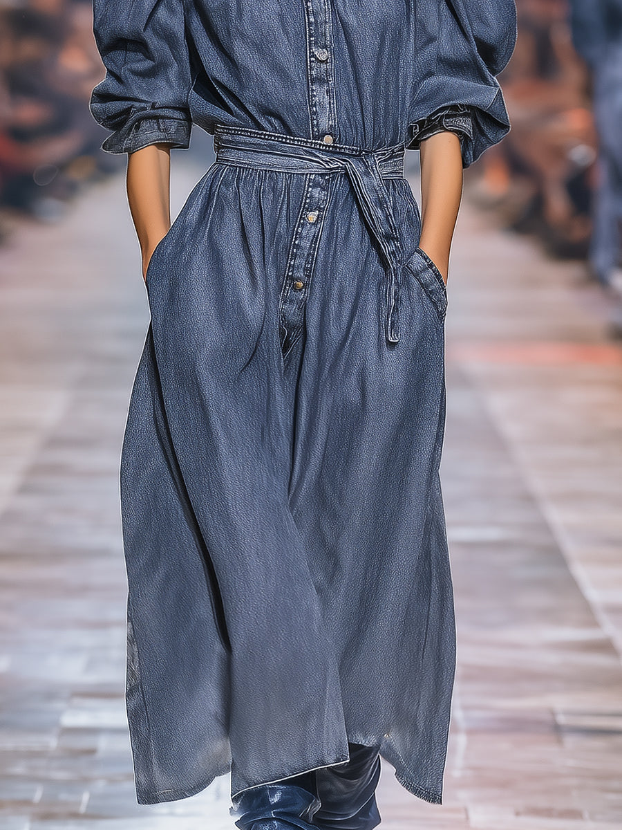 Fashionable Retro Round Neck Denim Loose Midi Dress