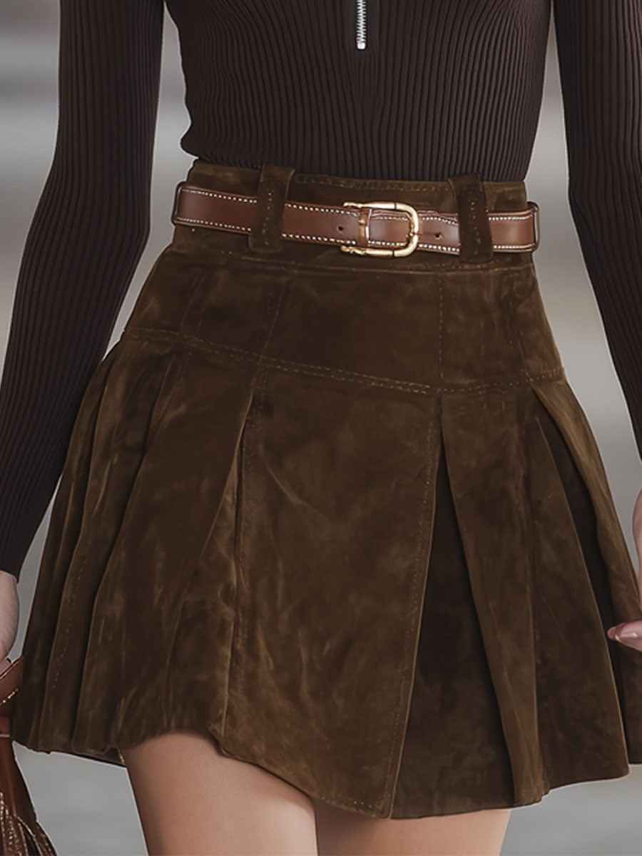 Polo Collar Half-zip Knit Top And Faux Suede Pleated Skirt Set