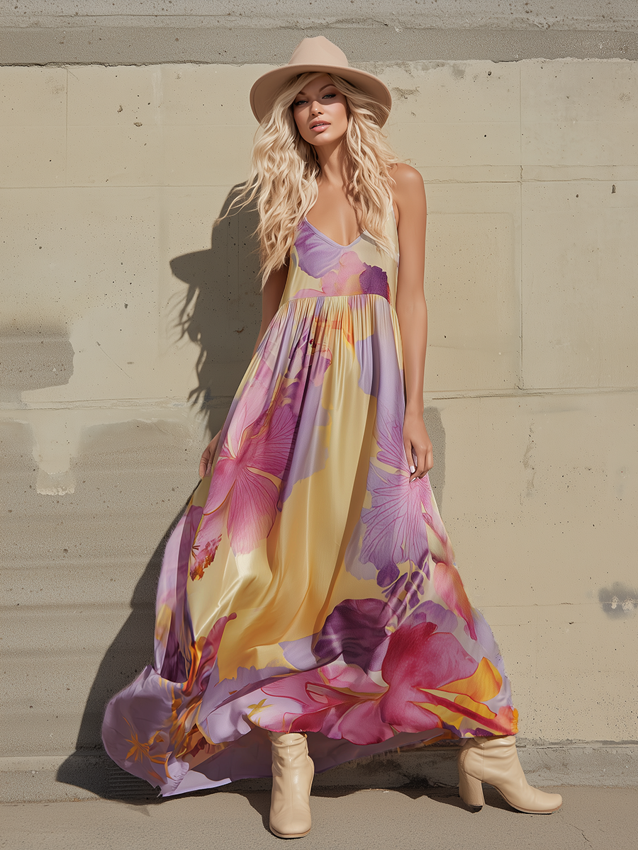 Romantic Bohemian Watercolor Print Matte Satin Sleeveless Maxi Dress
