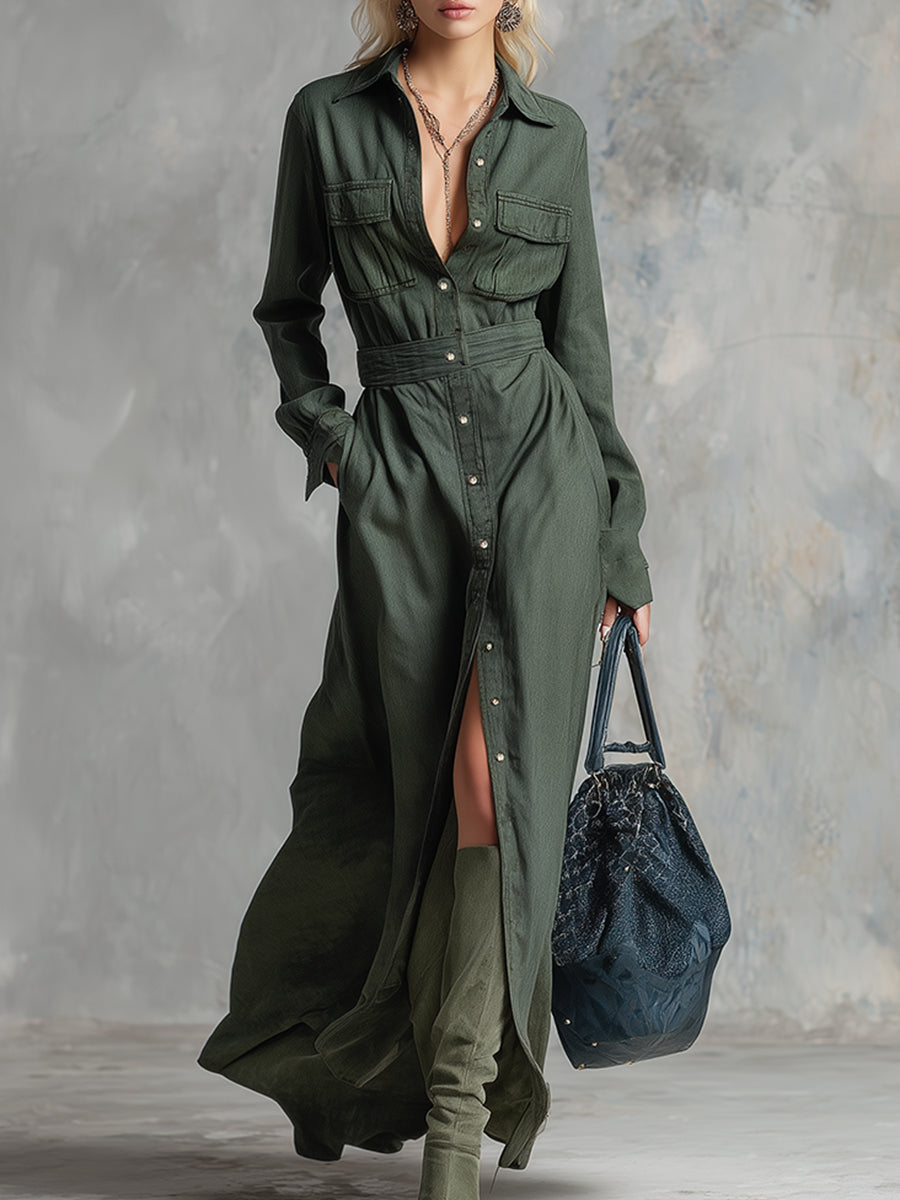 Retro-elegant Dark Green Lapel Button-down Maxi Dress