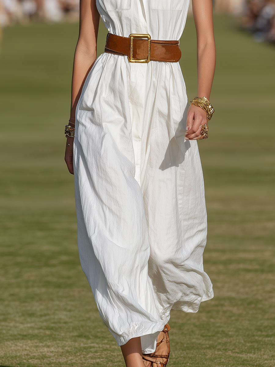 Casual Western Sleeveless White Cotton Linen Jumpsuit