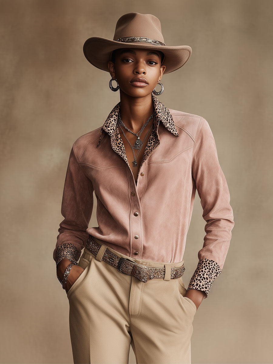 Western Retro Leopard Print Pink Faux Suede Long-Sleeve Shirt