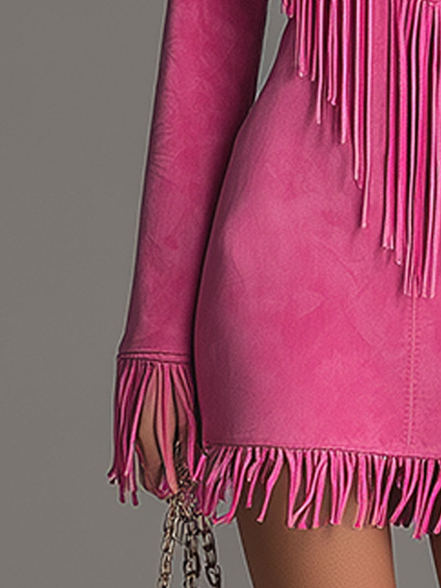 Western-style Retro Embroidered Tassel Pink Faux Suede Mini Dress