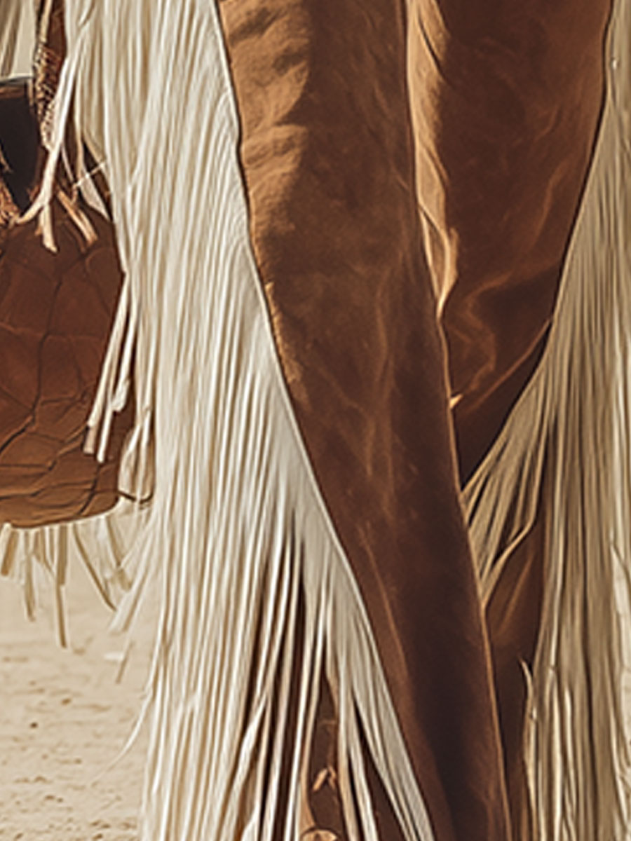 Retro Western Style White Fringed Brown Faux Suede Pants