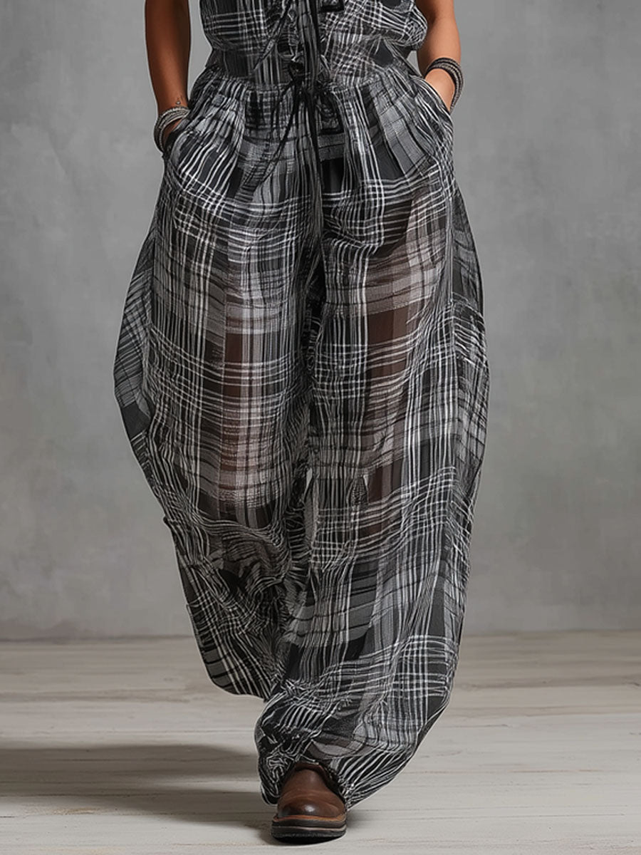 Ruffled V-neck Tie-waist Checkered Print Chiffon Sleeveless Jumpsuit