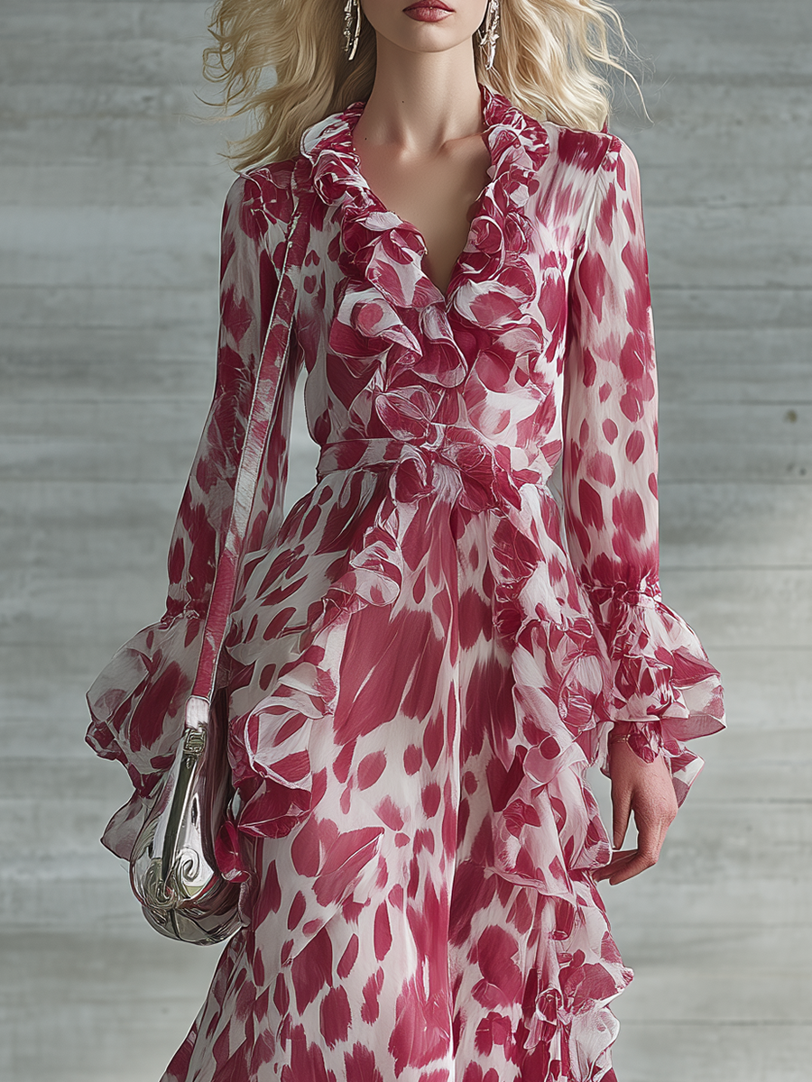 Romantic Bohemian Print Ruffle V-neck Maxi Dress