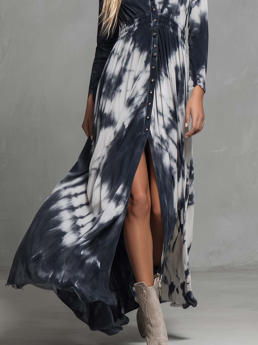 Vintage Western Flowing V-neck Front Button Black And White Tie-dye Pattern Cotton Slits Dress