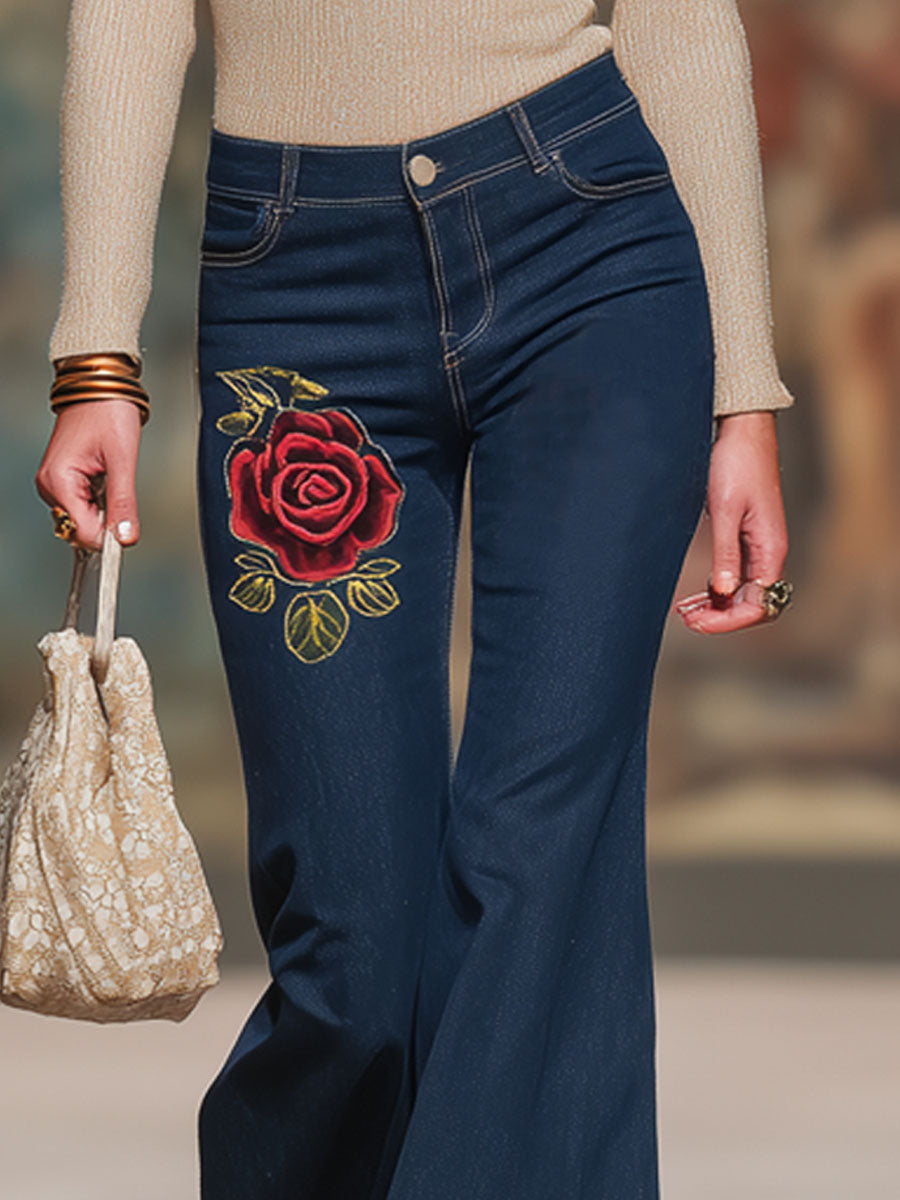 Retro Rose Embroidered Flared Jeans