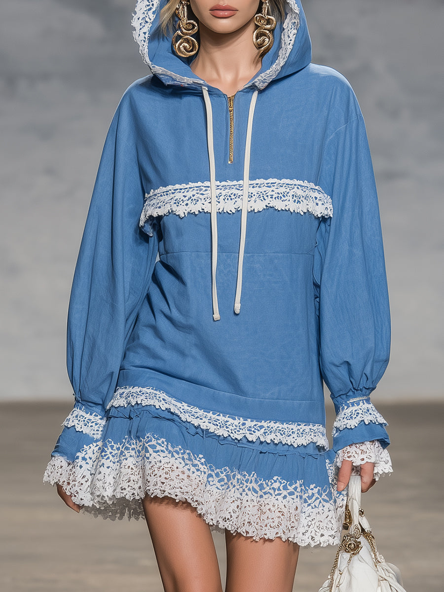 Elegant Blue Linen Zip-up Hooded With White Lace Detailing Mini Dress
