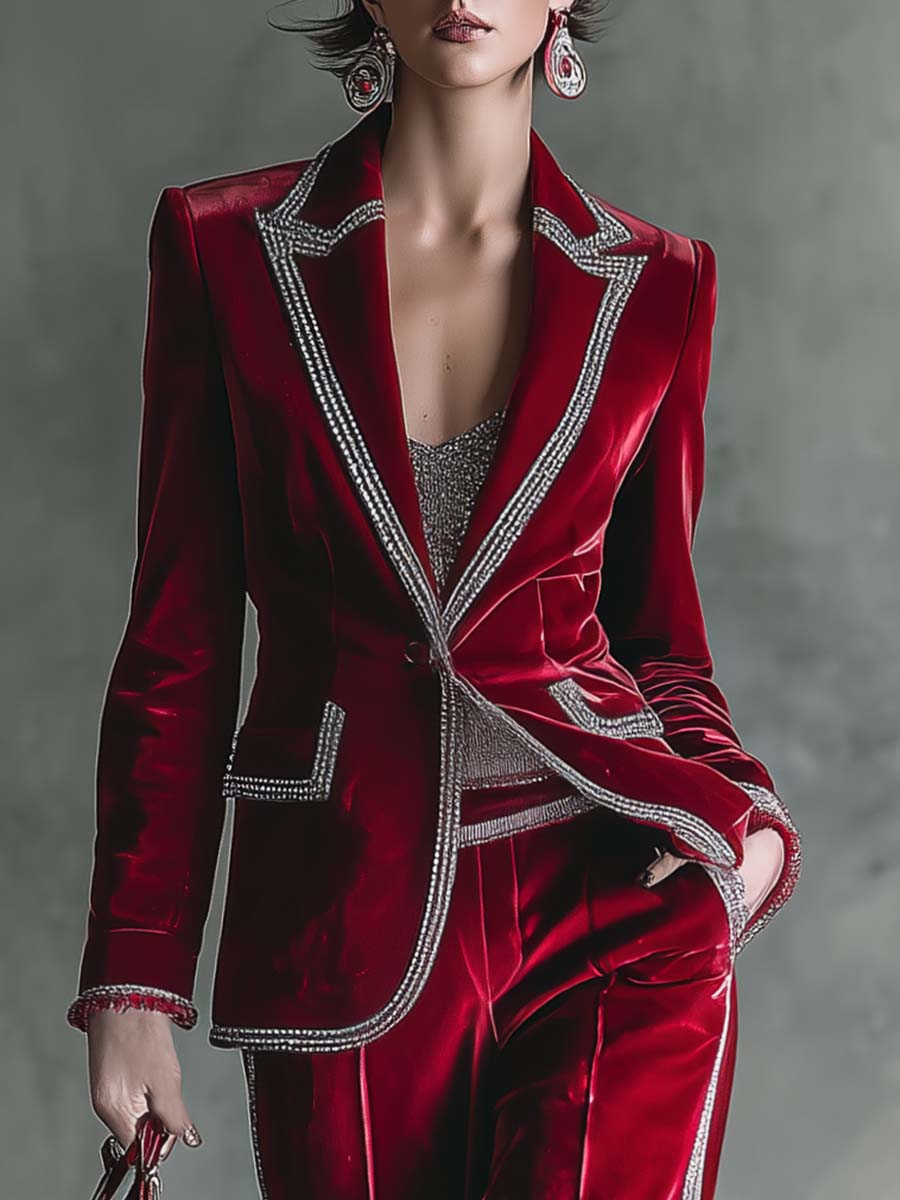 Elegant Retro Exquisite Silver Trim Peak Lapel Dark Red Velvet Blazer And Pants Set
