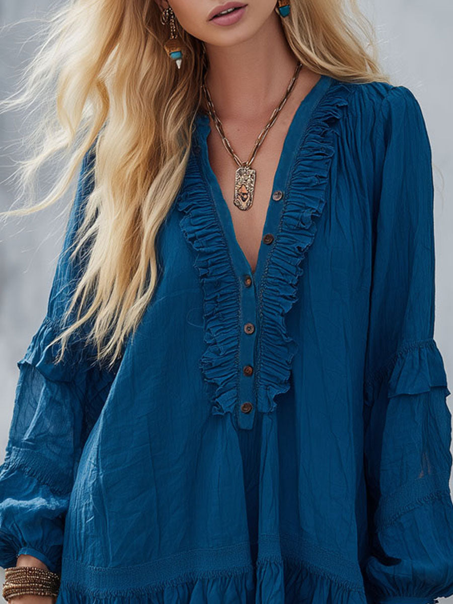 V-neck Button-down Ruffled Cotton Long-sleeved Mini Dress