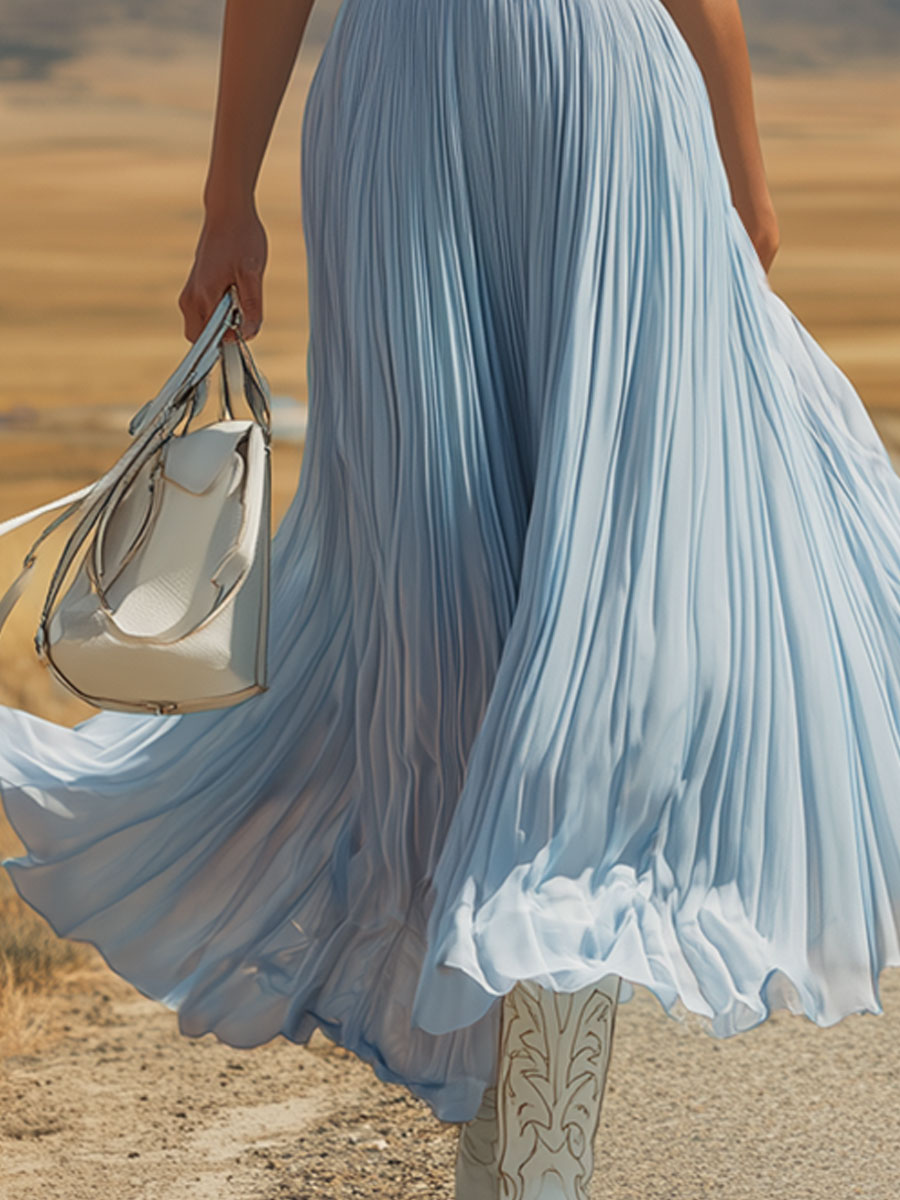 Western Retro Light Blue Chiffon Pleated Sleeveless Maxi Dress