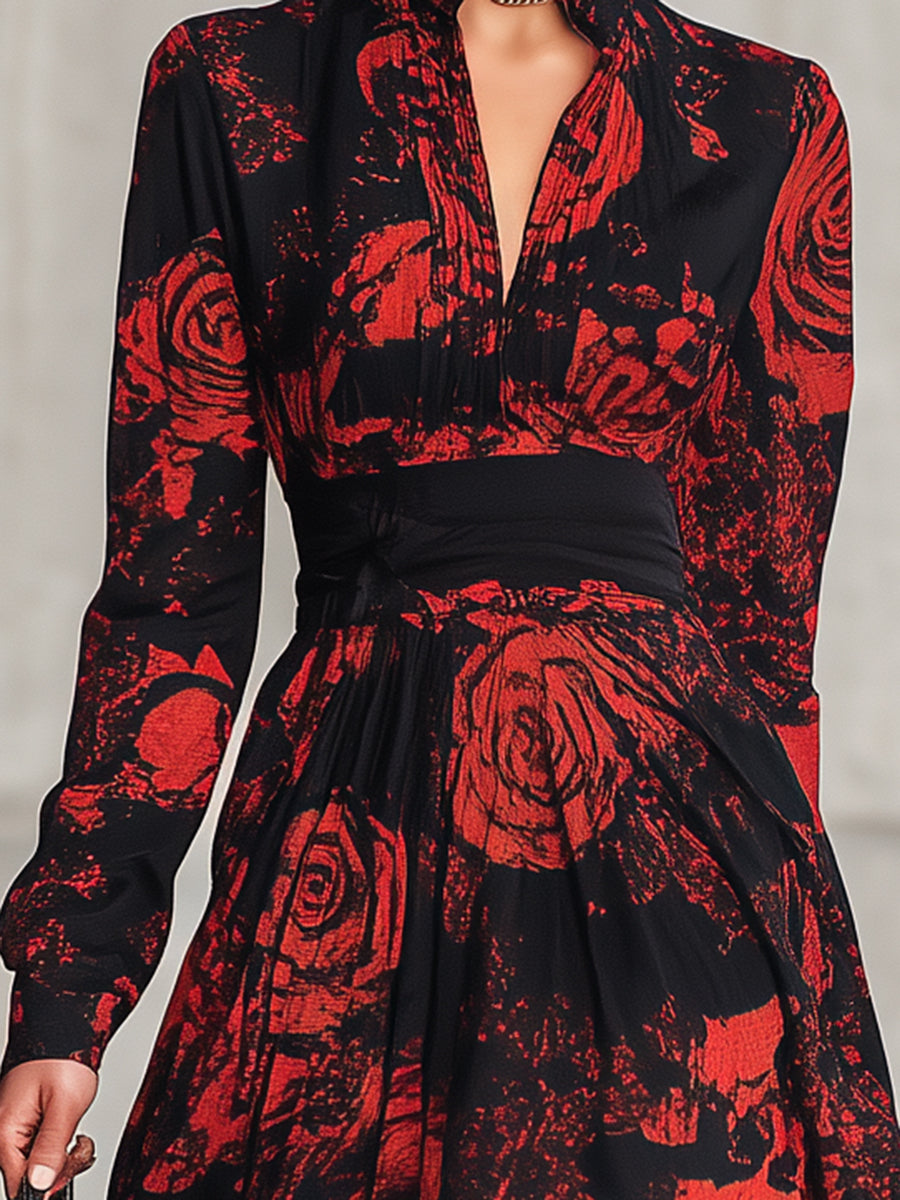 Vintage Black Chiffon Dress With Red Rose Texture Maxi Dress