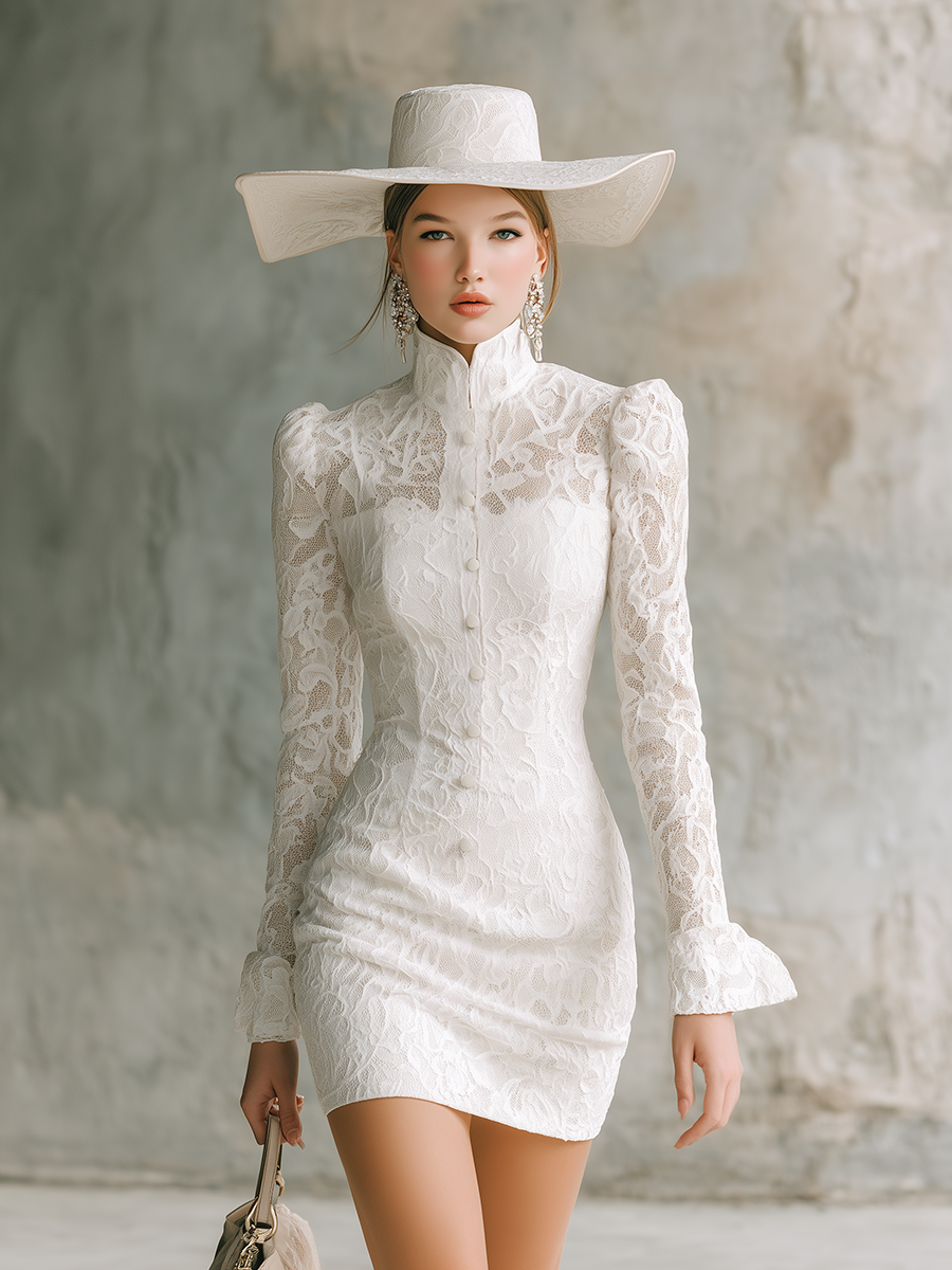 Elegant Vintage-style Stand-collar Lace Mini Dress