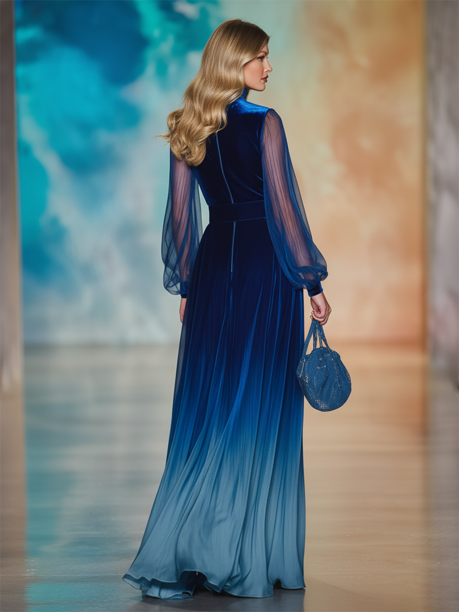 Elegant And Romantic Openwork Collar Sheer Sleeves Gradient Chiffon Maxi Dress