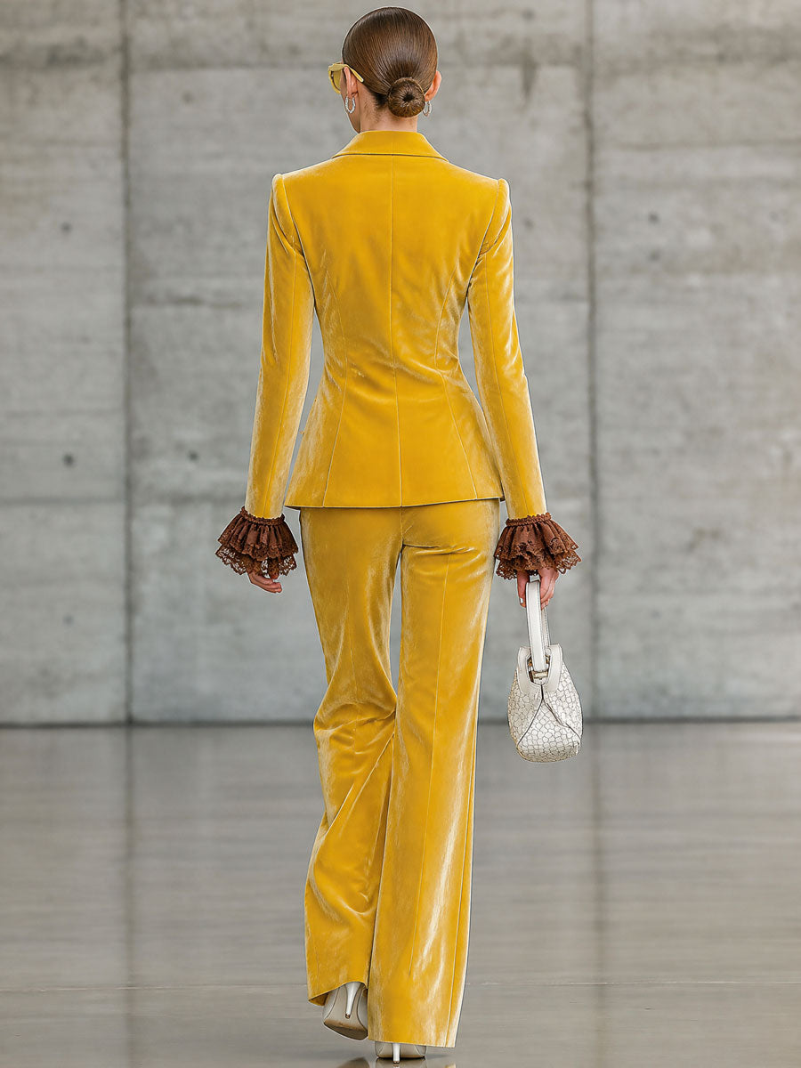 Elegant Retro Lace Ruffled Color-blocked Yellow Velvet Blazer