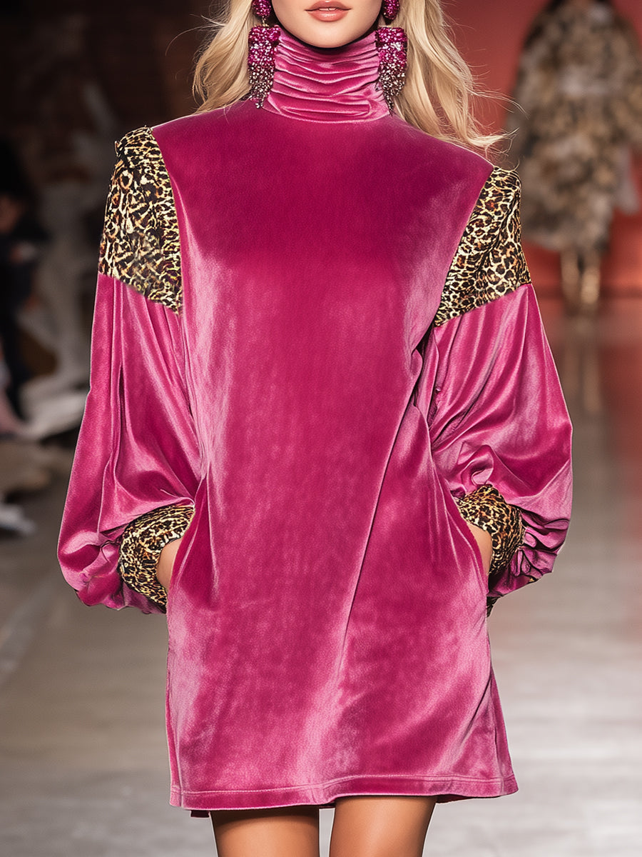 Stylish And Casual High-neck Pink Patchwork Leopard Print Velvet Mini Dress