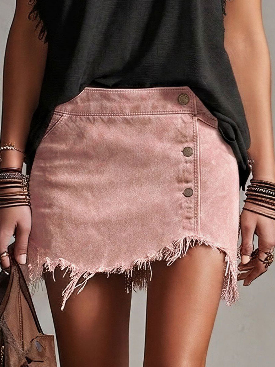 Western Retro Frayed Camel Denim Mini Skirt And Shorts
