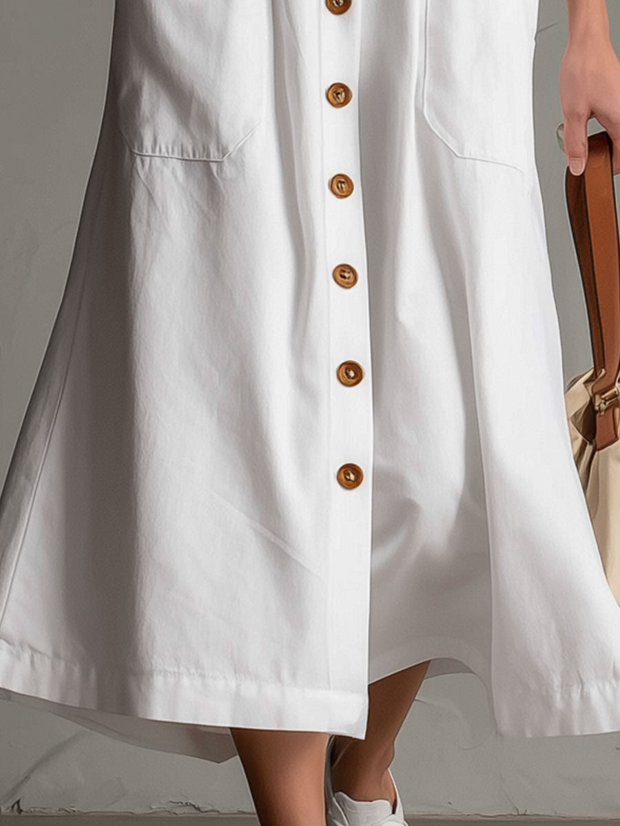 Casual Retro Style Button-down White V-neck Sleeveless Cotton Midi Dress