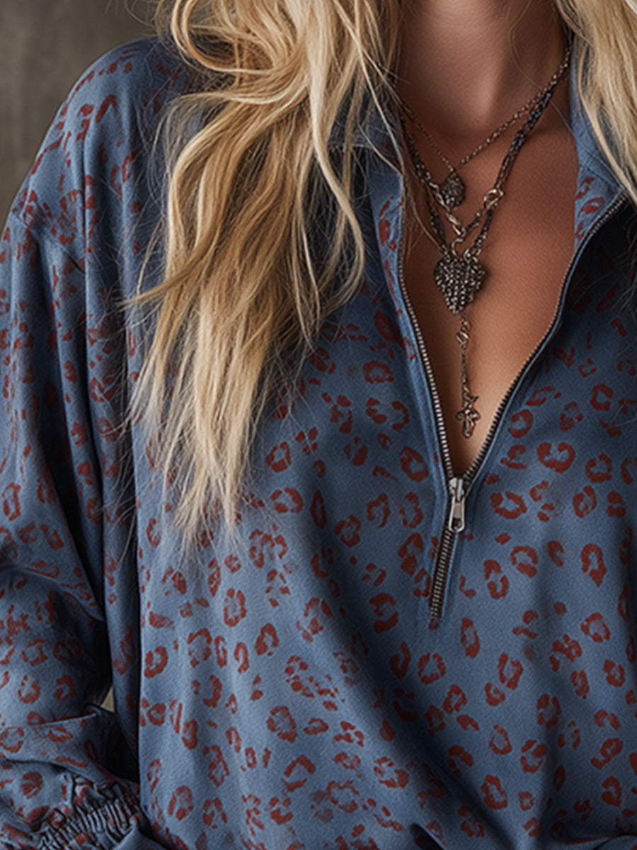 Western-style Casual Leopard Print Blue Faux Suede Shirt