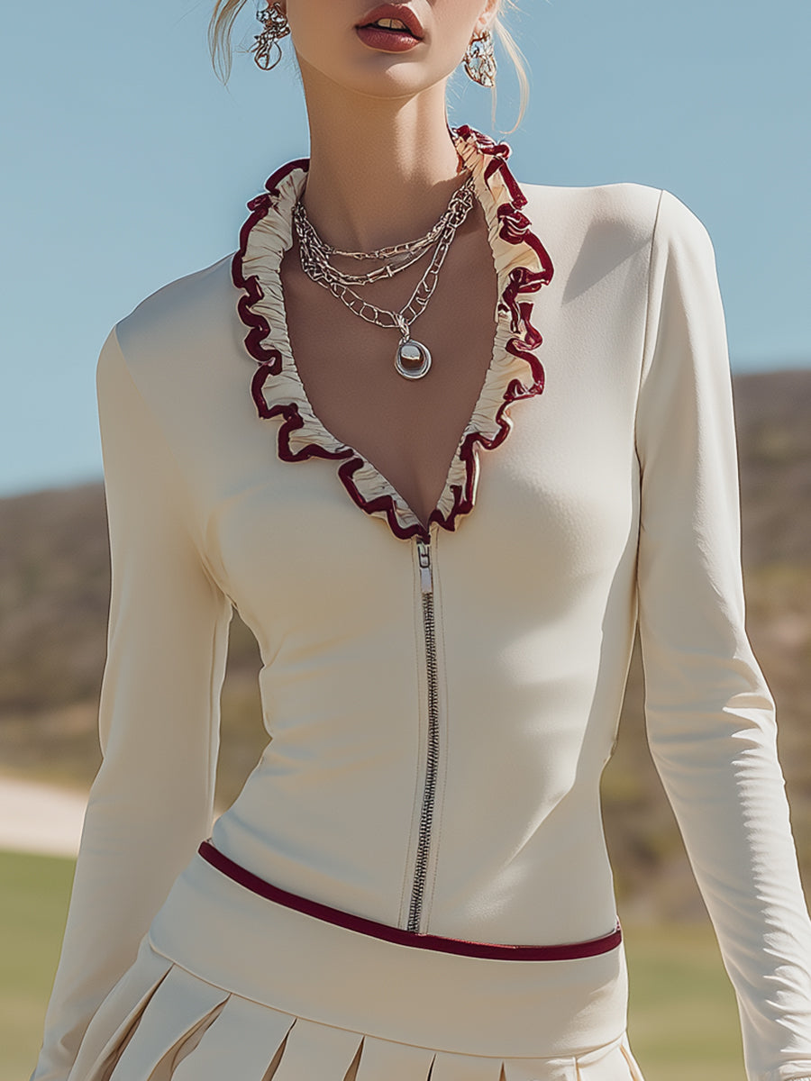 Fashionable Sporty Red Trim V-neck Beige Zip-up Mini Dress