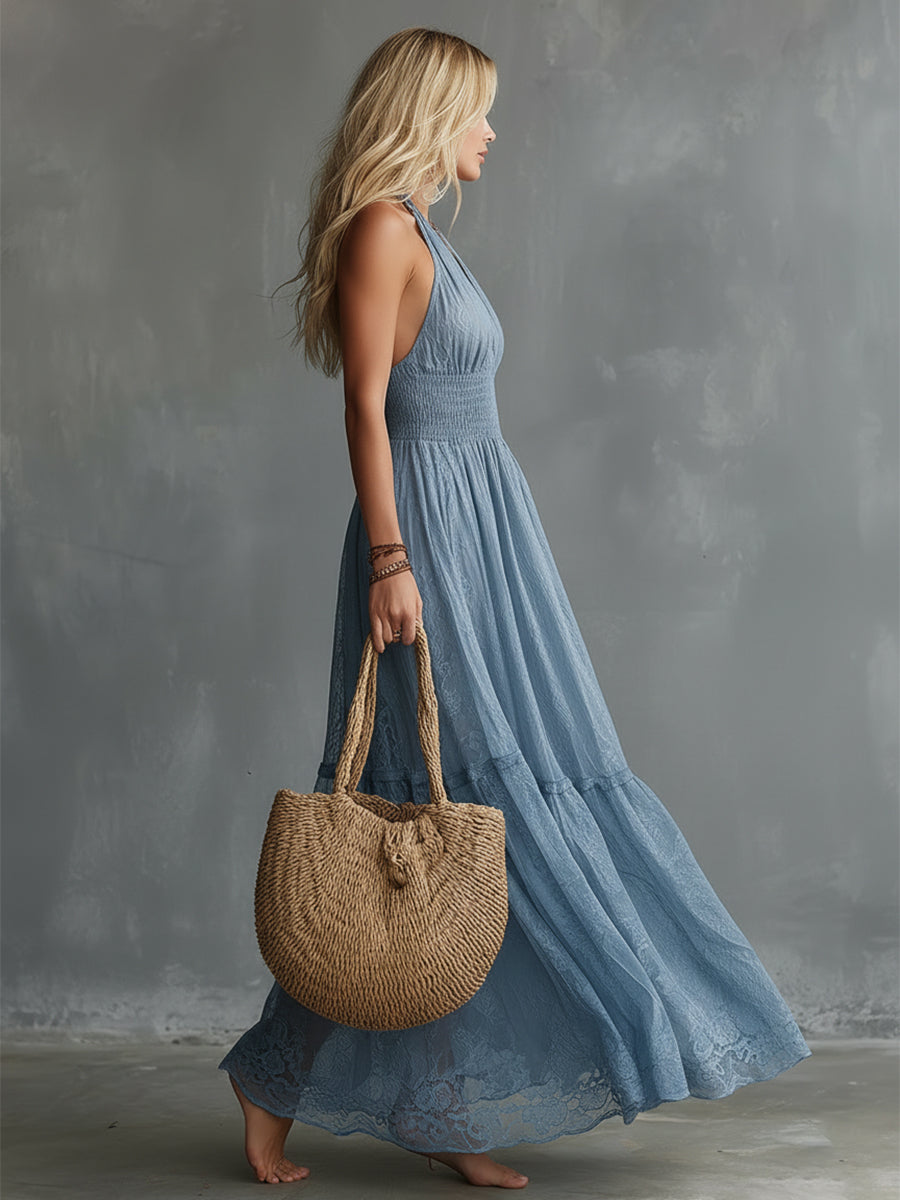 Elegant And Flowing Blue Lace Sleeveless Maxi Dress