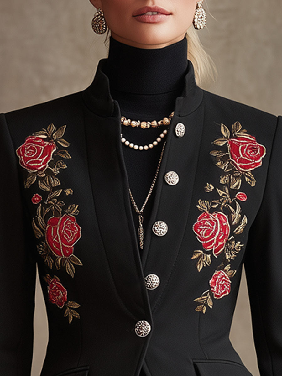 Stand Collar Single-breasted Rose Embroidered Woolen Blazer