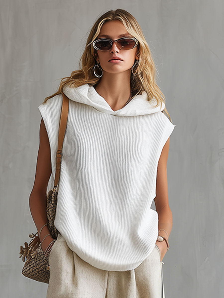 Casual Retro White Hooded Knitwear Linen Pants Set