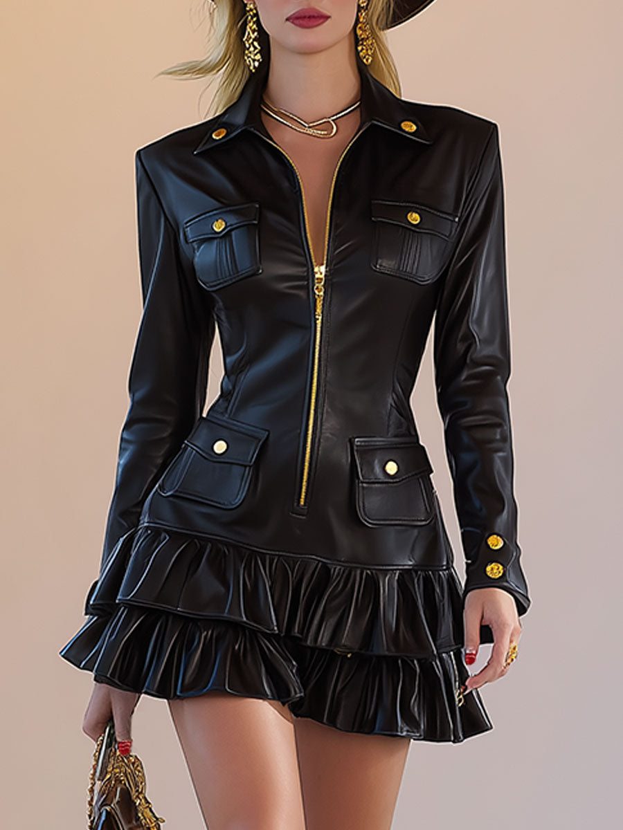 Stylish Black Zippered Ruffled Faux Leather Mini Dress