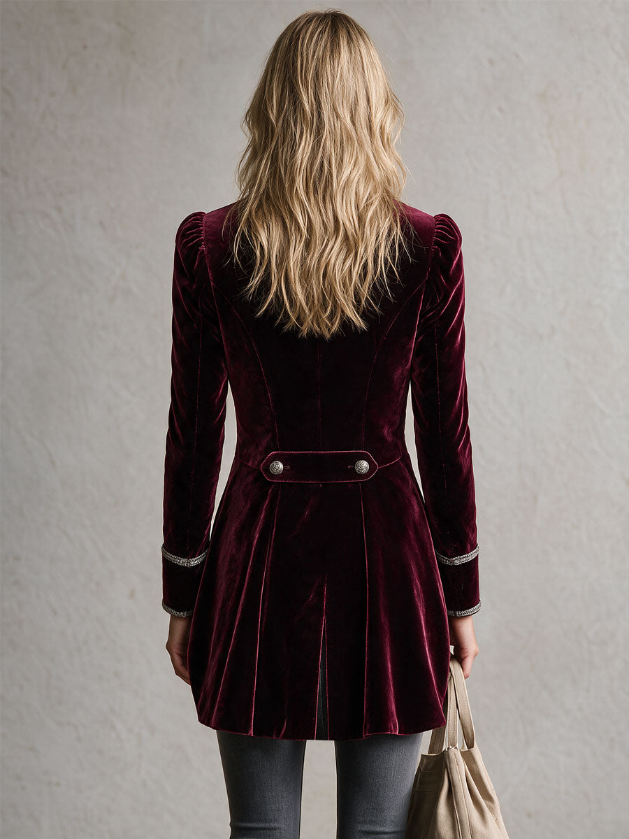 Retro Court Style Burgundy Velvet Military Coat