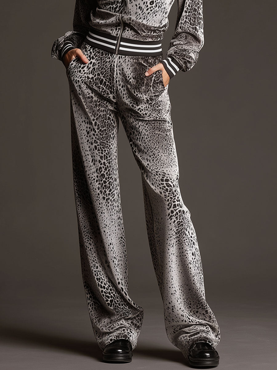Casual Sporty Retro Gray Leopard Print Velvet Sweatshirt And Wide-Leg Pants Set
