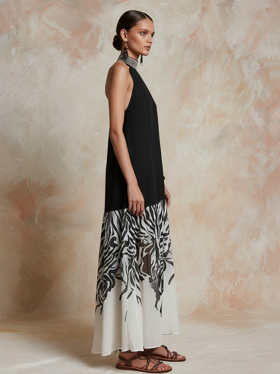 Elegant Retro Color-blocked Printed Black Chiffon Sleeveless Maxi Dress